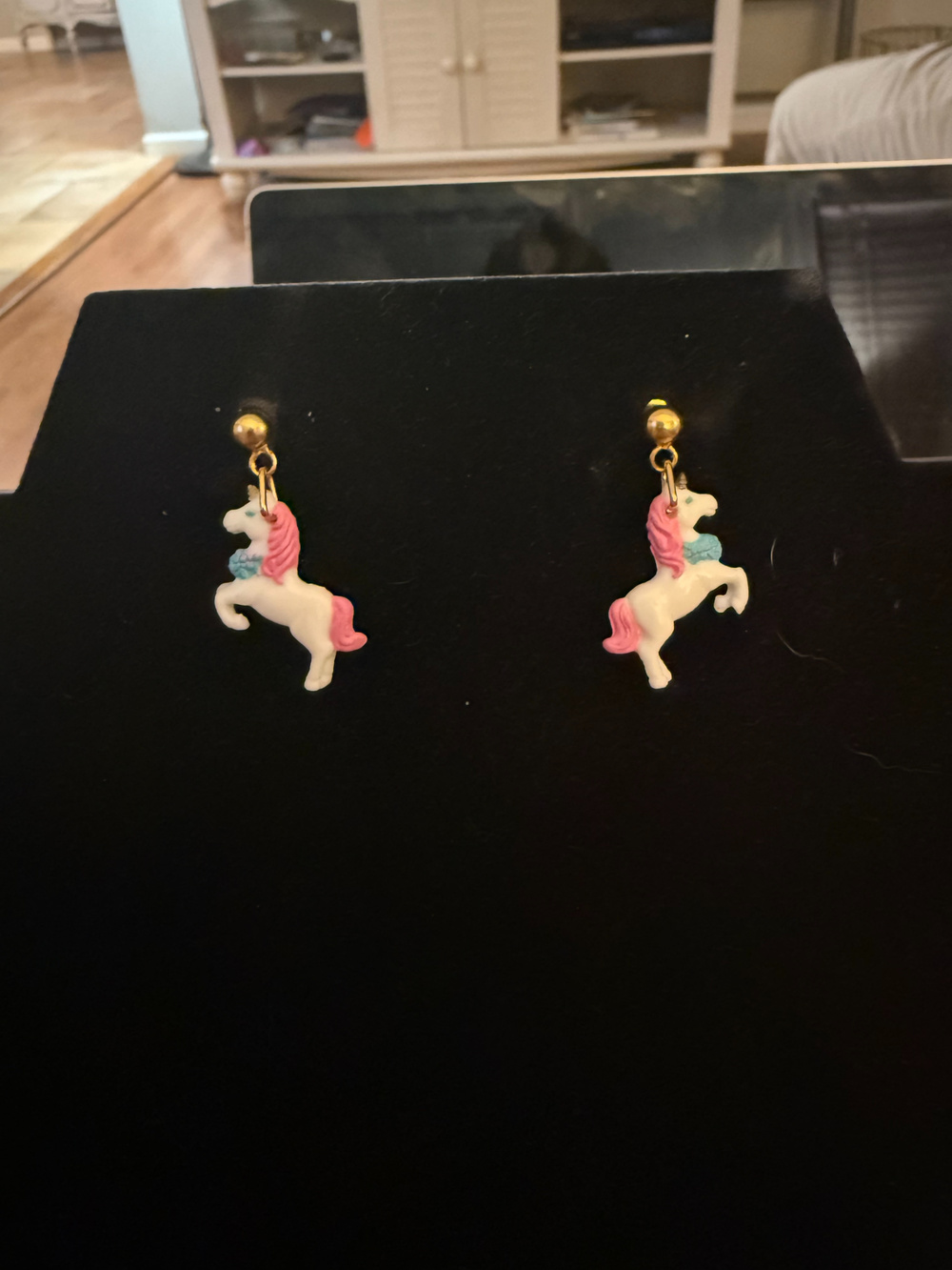 Unicorn Dangle Earrings Pink Blue Gold Tone - Used